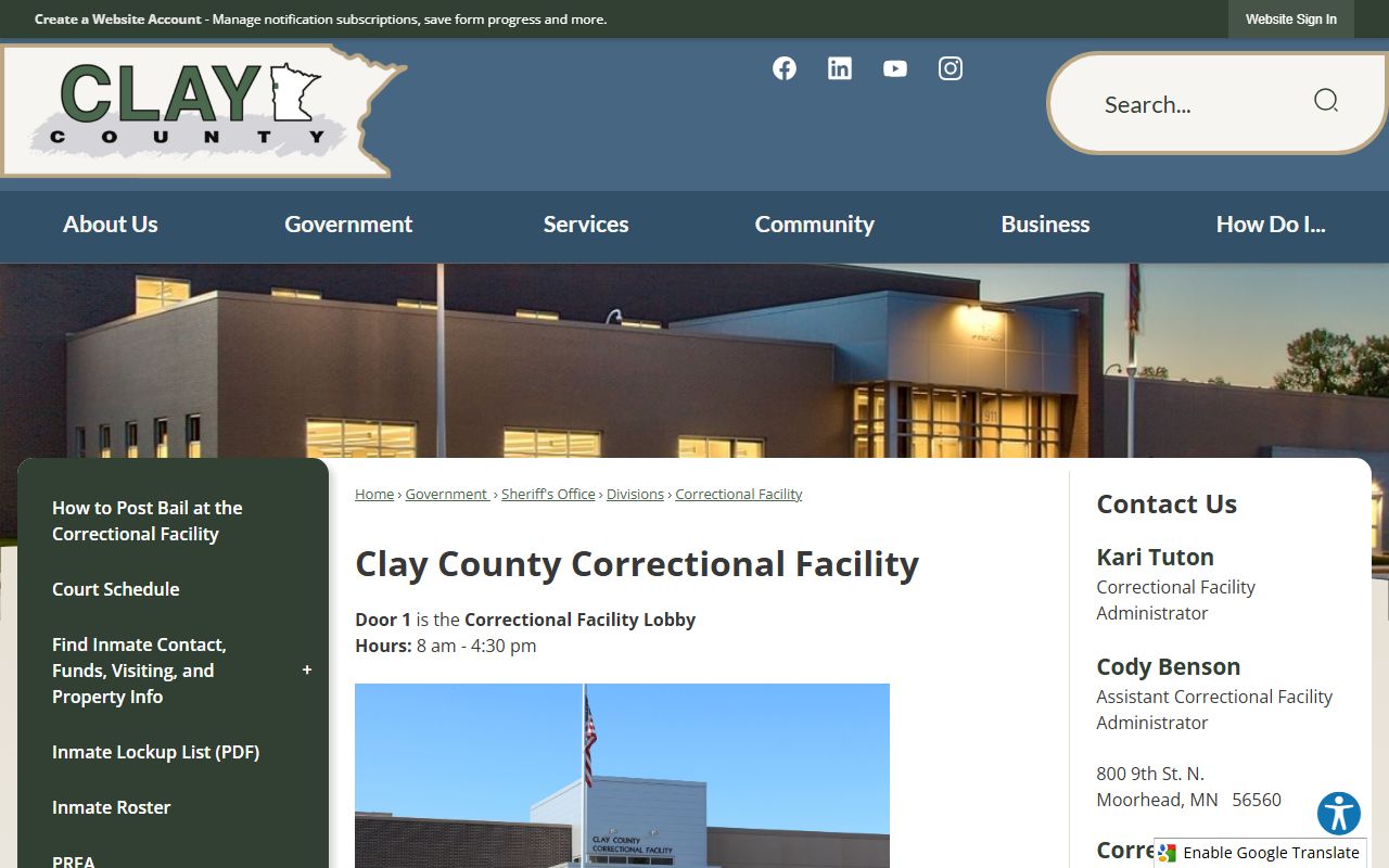 Clay County Correctional Facility official adult jail overview page