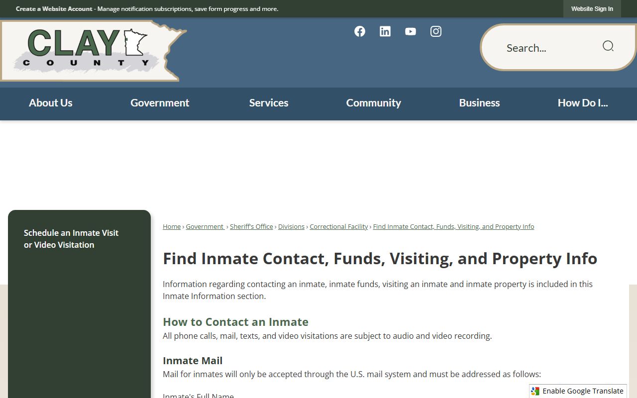 Clay County inmate contact funds mail and property rules page