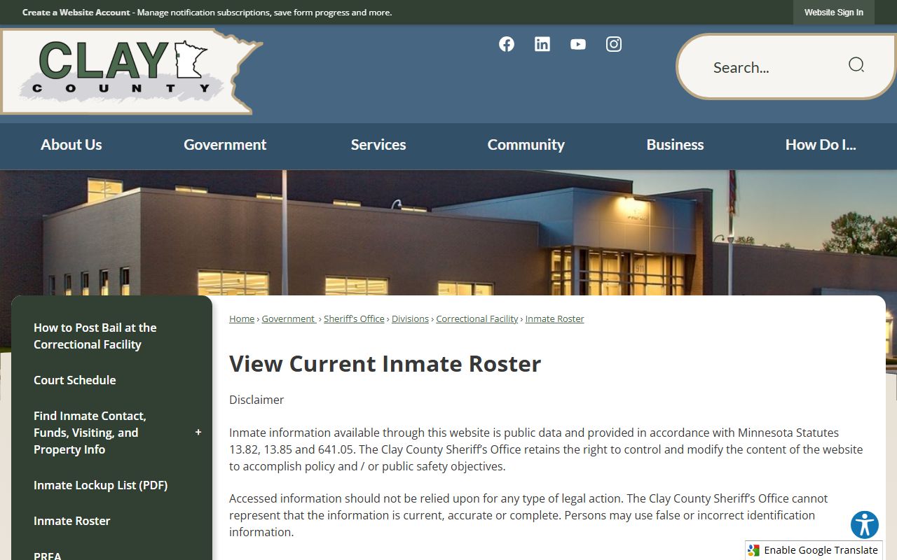 Clay County inmate roster disclaimer for jail inmate population records