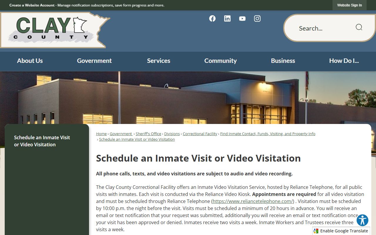 Clay County Reliance video visitation schedule and rules