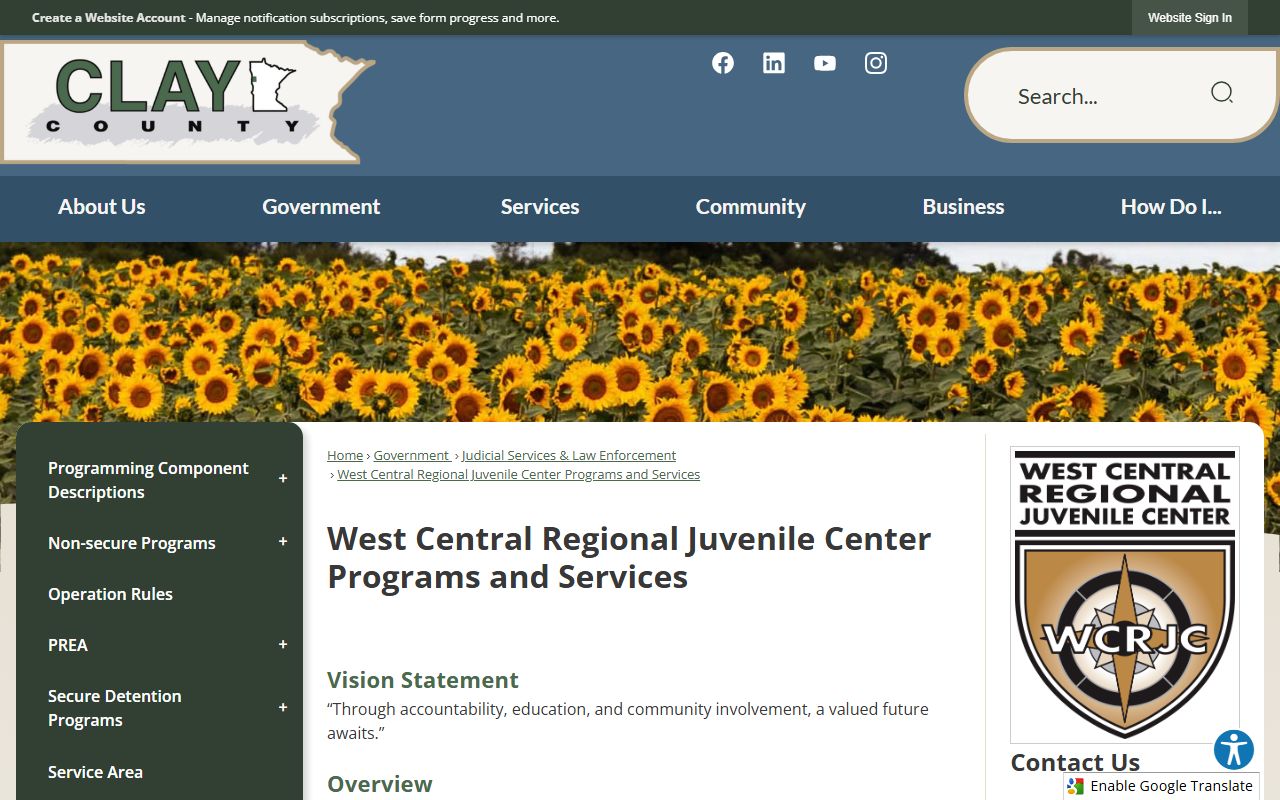 West Central Regional Juvenile Center official programs page